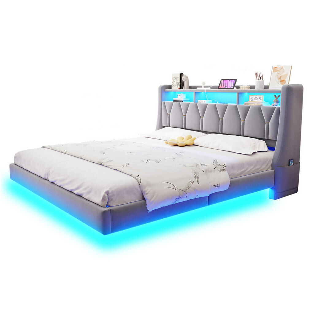 Redom ČALOUNĚNÁ postel 180/200 cm s LED osvětlením, zásuvkou, USB-C a úložným čelem, Světle šedá