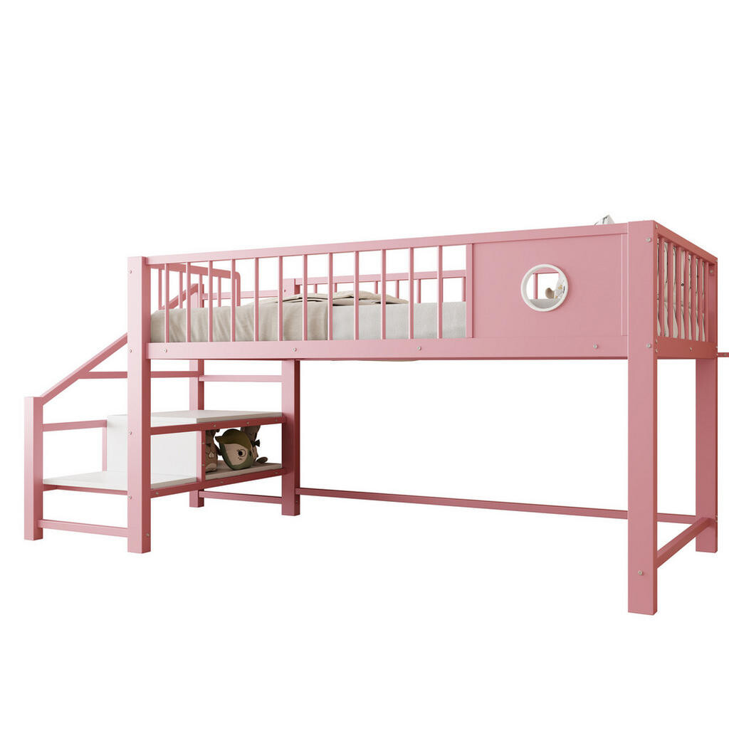 OKWISH NÍZKA patrová postel 90/200 cm růžová z kovu s úložným schodištěm