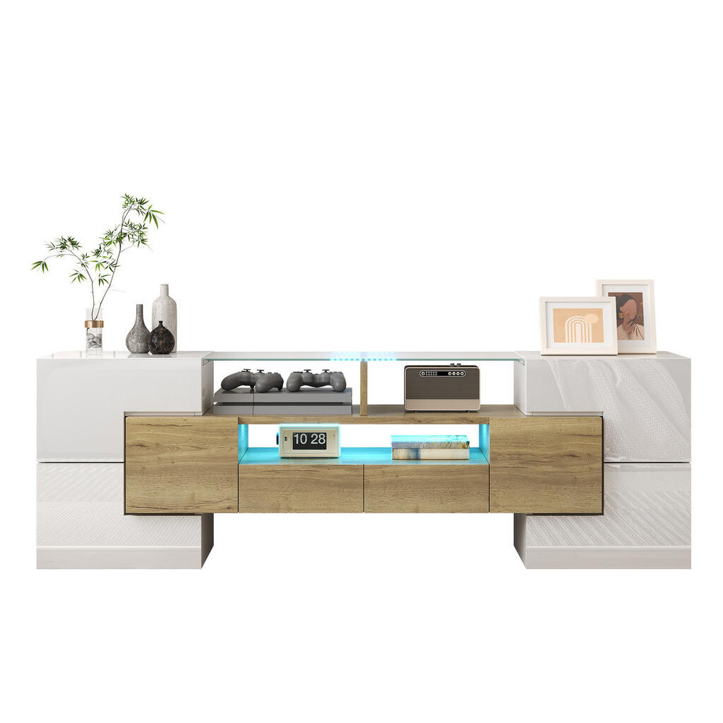 Redom TV stolek 145/30/51 cm s LED osvětlením, lesklou skleněnou plochou a prostorným úložným řešením, Bílá a zlatá