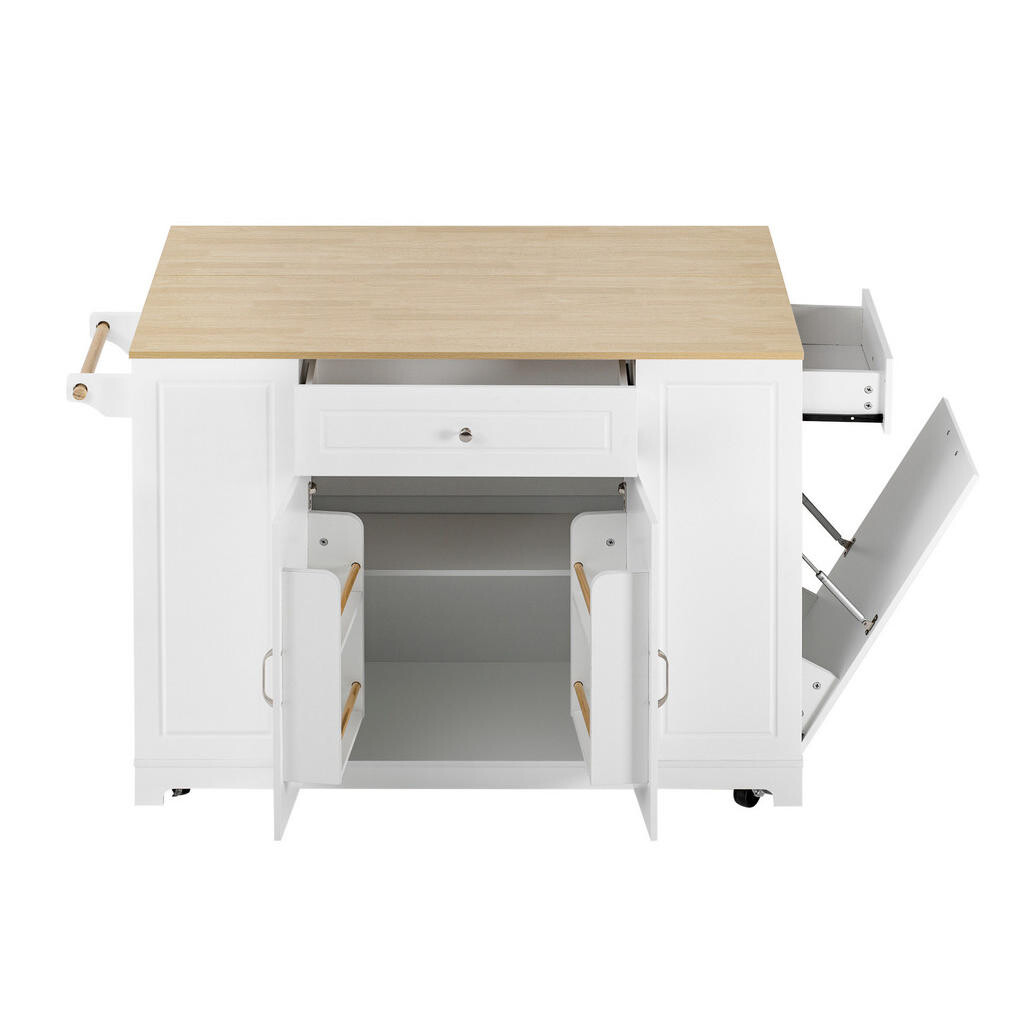 Redom KUCHYŇSKÝ ostrůvek 131,8/40-70/93,3 cm s rozkládací pracovní deskou, úložným prostorem, zásuvkami a kolečky, Bílá a přírodní
