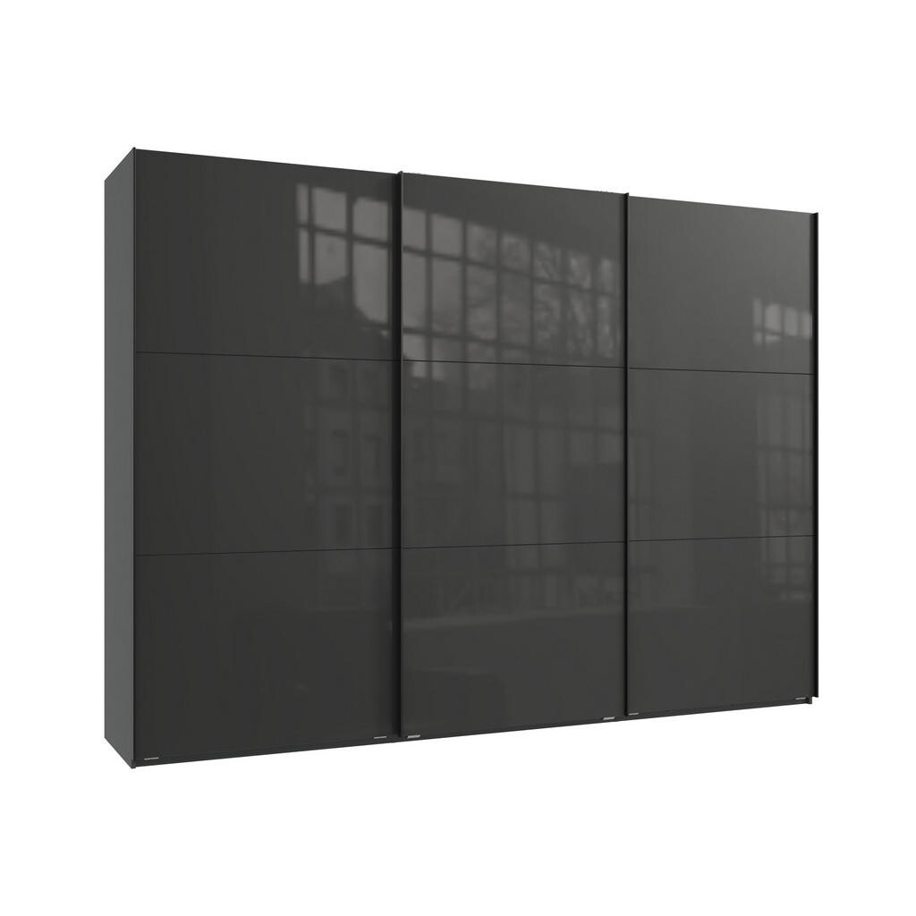 luma-home SKŘÍŇ S POSUVNÝMI DVEŘMI, 3dveřová, 300 × 216 × 65 cm (Š×V×H), v antracitové barvě se skleněnými čely, včetně kompletního vybavení / 22038