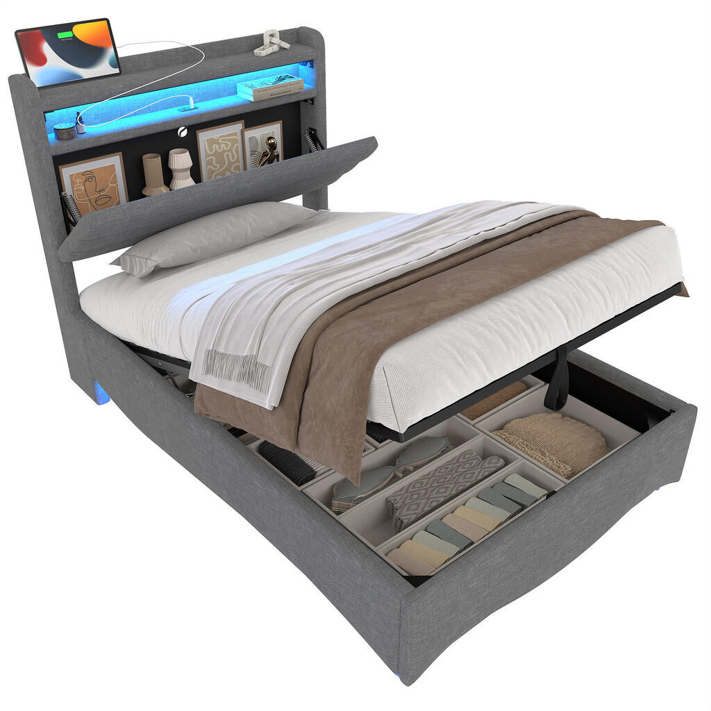 FLIEKS ČALOUNĚNÁ POSTEL 90x200 Šedá Len LED USB Úložný Prostor