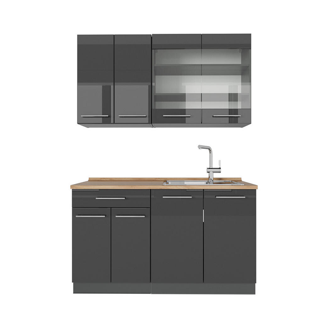 Vicco JEDNOTKOVÁ KUCHYNĚ Fame-Line Antracitový vysoký lesk 140 cm , PD Dub