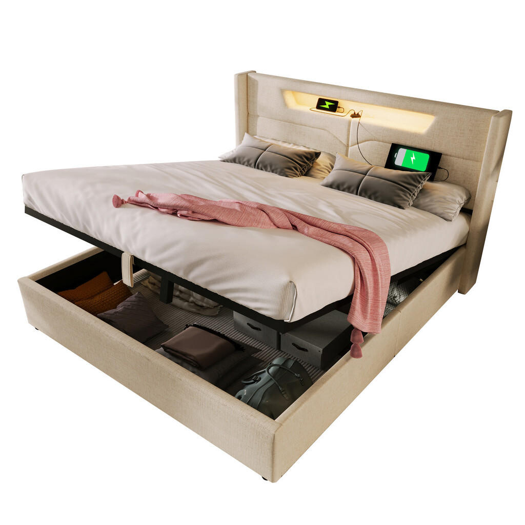 WISHDOR ČALOUNĚNÁ POSTEL 140/200 cm v béžové lněné látce s úložným boxem, LED a USB/Type-C