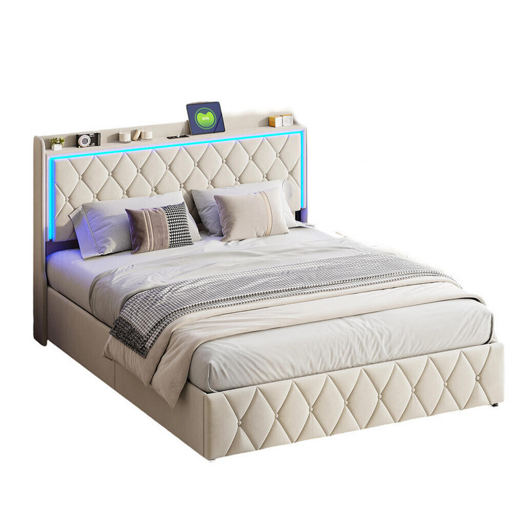 SHOPENTRA ČALOUNĚNÁ postel 140/190 cm béžová sametová úložný prostor RGB LED USB