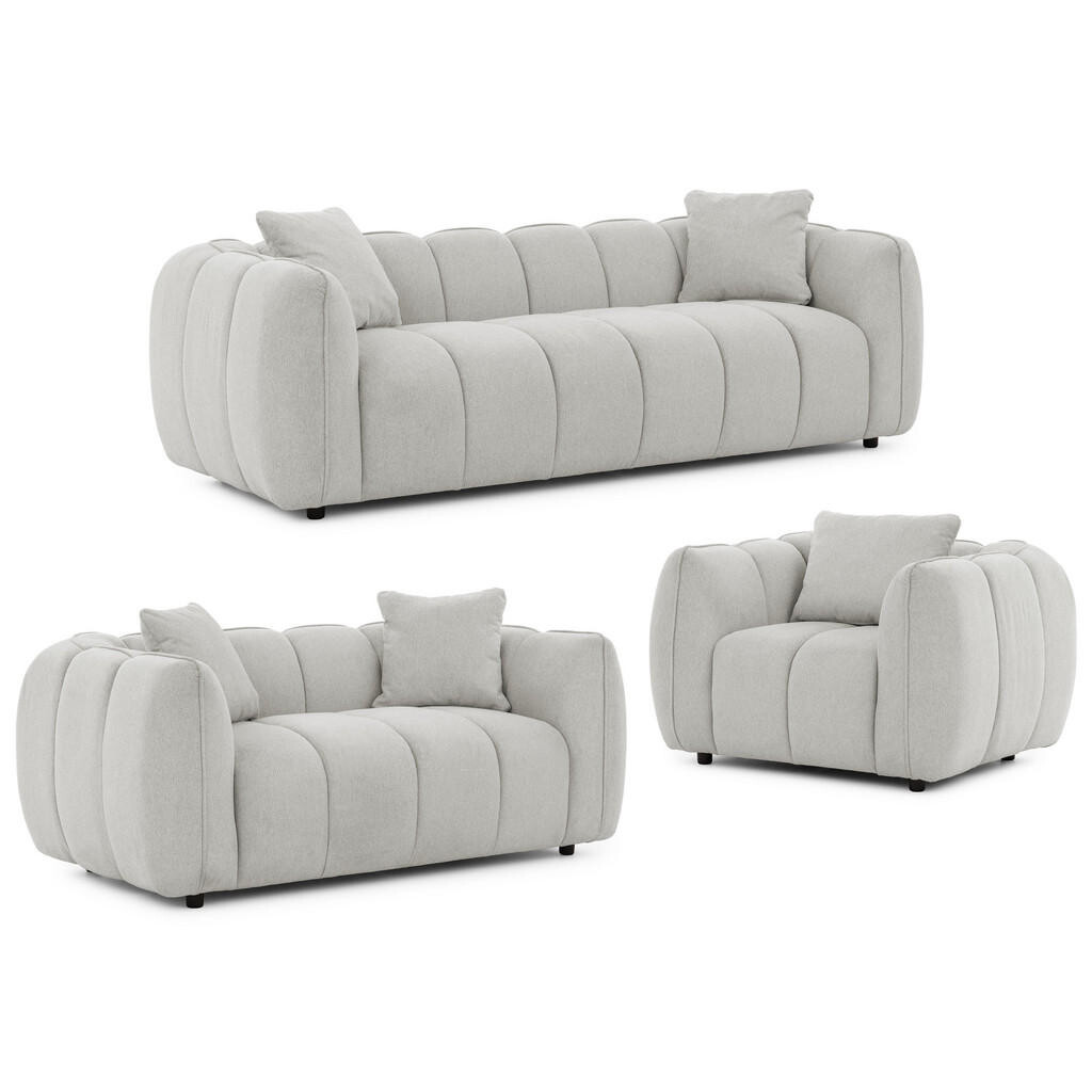 S-Style SEDACÍ SOUPRAVA 3+2+1 Nubira v hluboce prošívaném designu Bubble z měkké strukturované látky ve světle šedé barvě s moderním vzhledem
