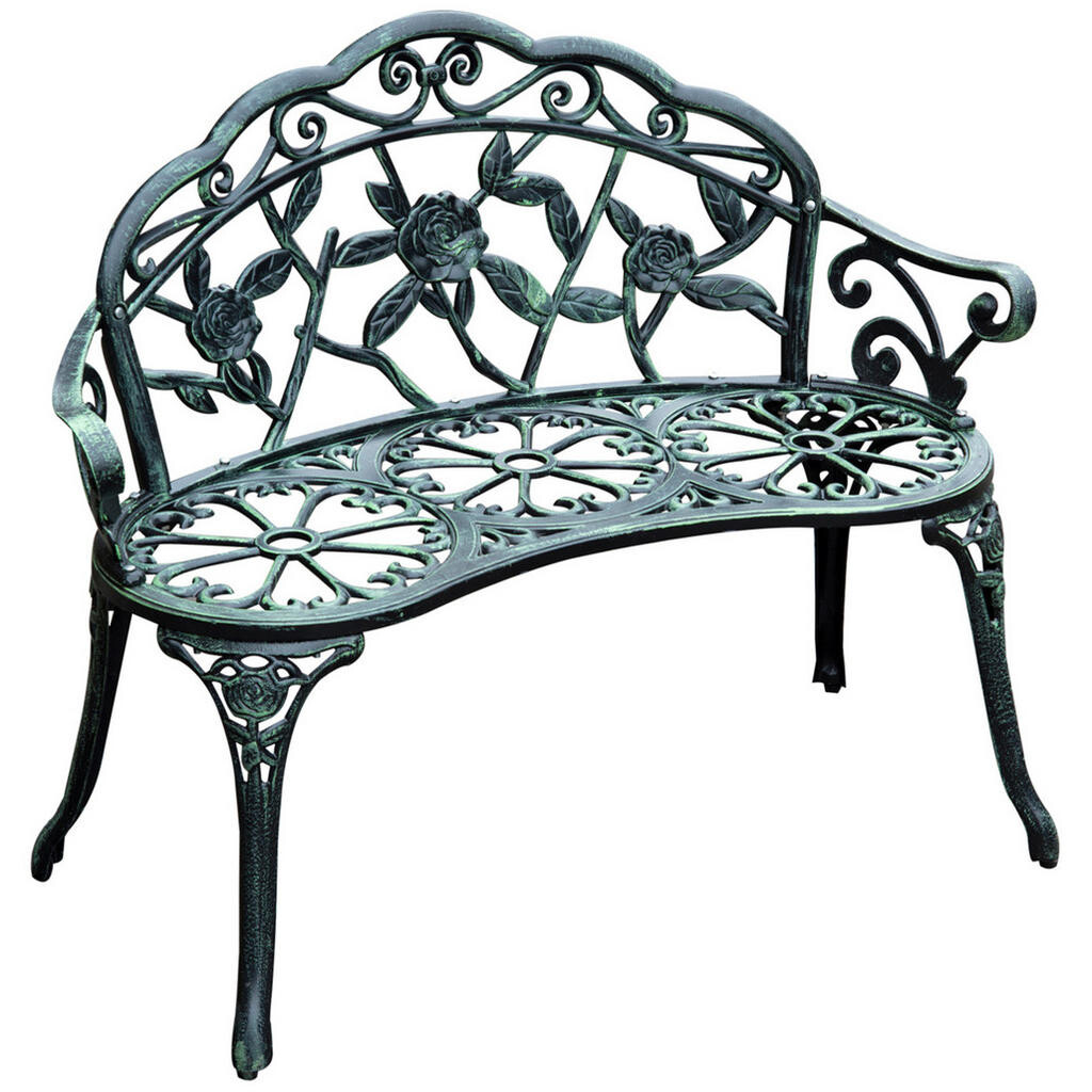 OKWISH ZAHRADNÍ lavice 100/54/78 cm starožitná zelená ze železa pro 2 osoby s květinovým vzorem
