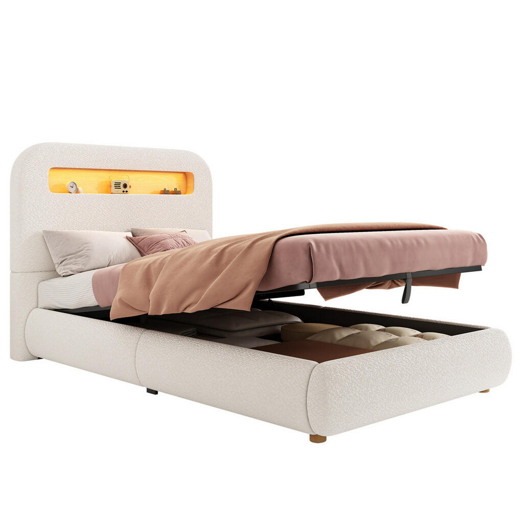 OKWISH POSTEL 90/200 cm bílá z bouclé s hydraulickým úložným prostorem, LED osvětlením a roštem