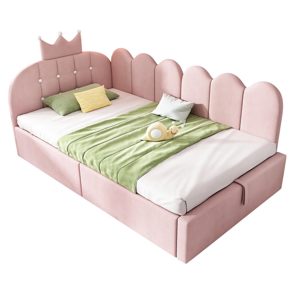 OKWISH ČALOUNĚNÁ postel 90/200 cm růžová z sametu a kovu s úložným prostorem a korunkovým čelem
