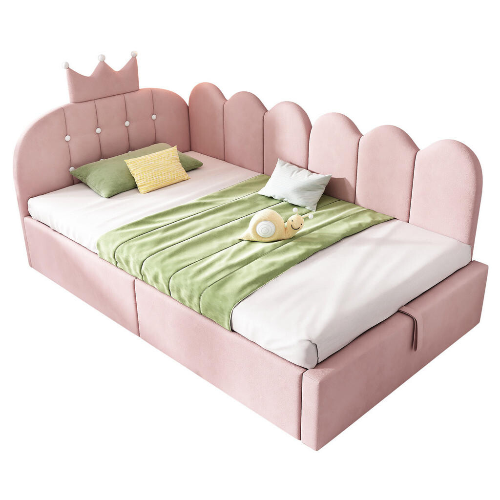OKWISH POSTEL denní 90x190 cm růžová ze sametu s úložným prostorem a královským čelem