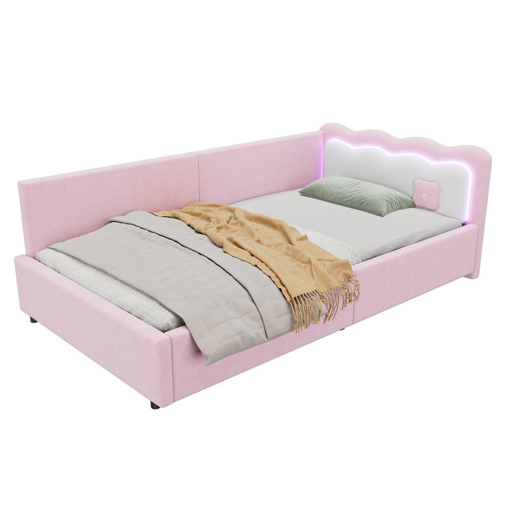 OKWISH DENNÍ postel 90/200 cm růžová z veluru s LED osvětlením a roštem