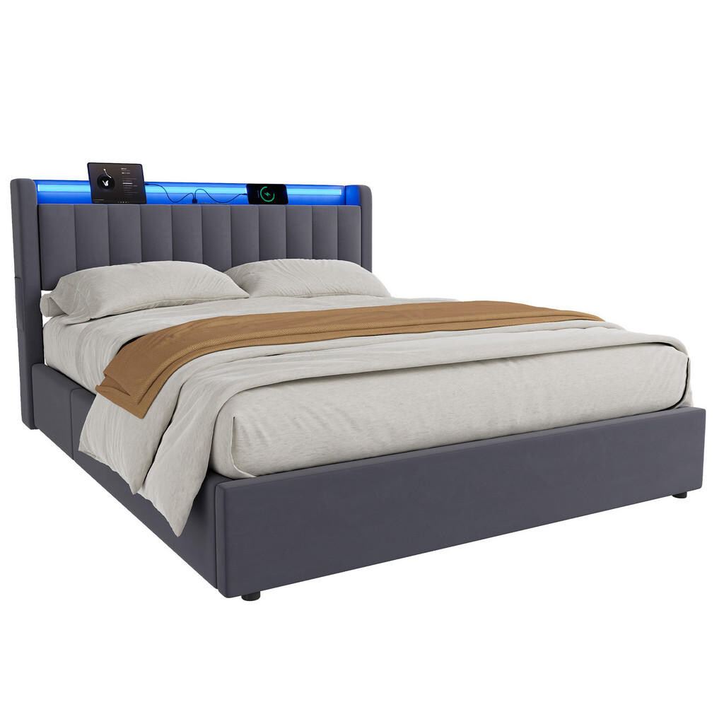 WISHDOR ČALOUNĚNÁ POSTEL 160/200 cm v šedé barvě, s matrací, úložným prostorem, USB a LED osvětlením