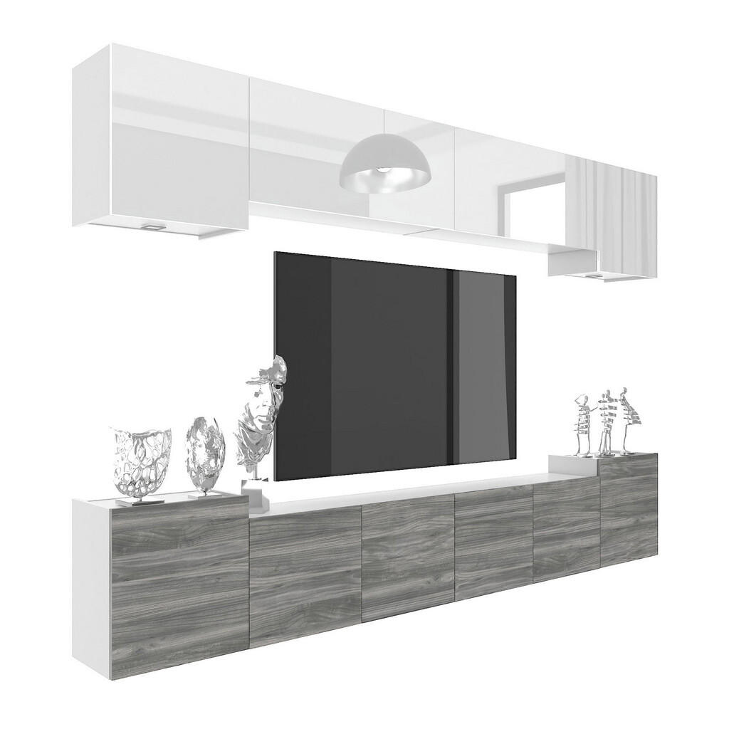 B BELINI GROUP OBÝVACÍ STĚNA Milano 4, Bílá lesklá / Šedá matná, 300 cm, Bezúchytková