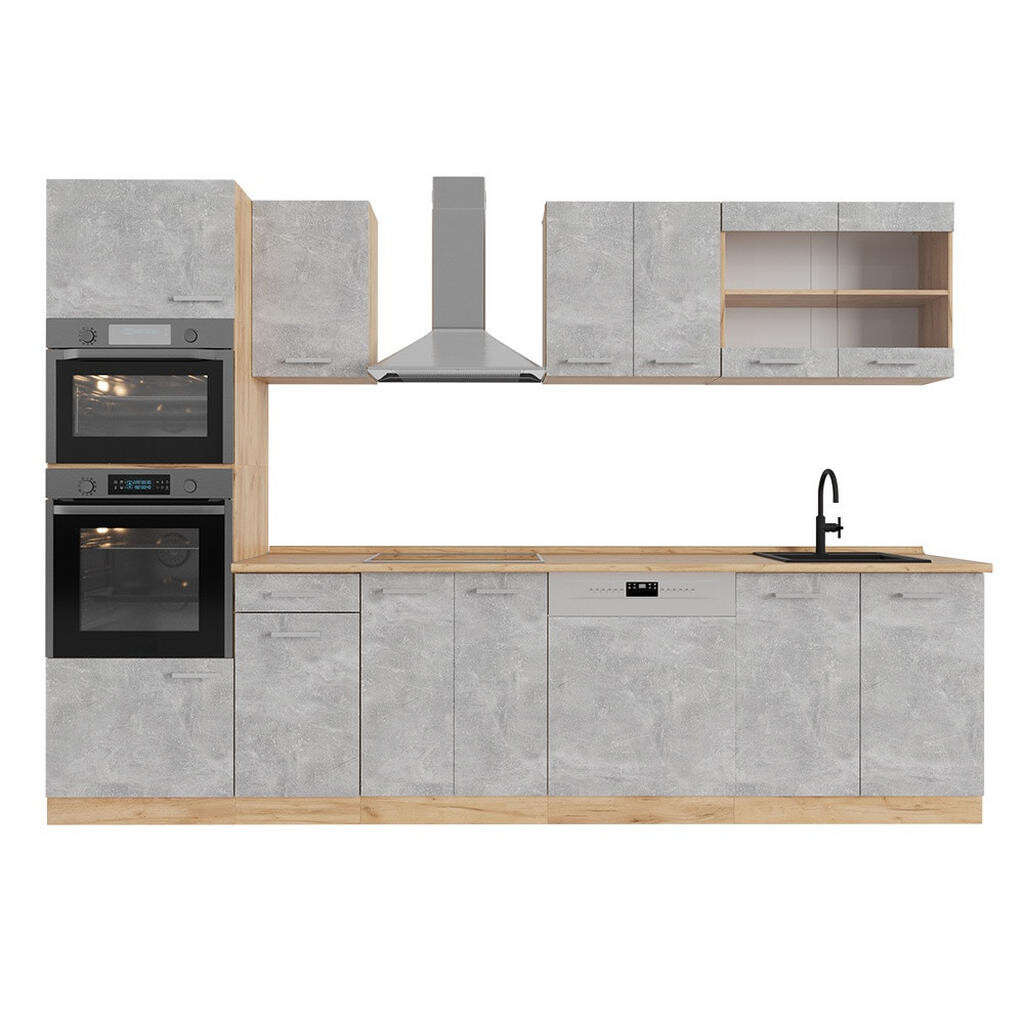 Vicco KUCHYŇSKÝ KOUT R-Line Beton/zlatý dub 300 cm s vysokou skříní, PD Dub