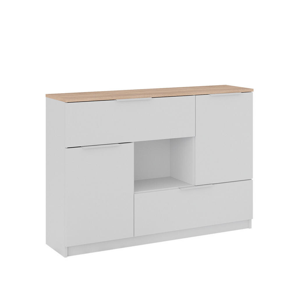 Vicco KREDENC Betti Bílá/Sonoma 120 x 83.6 cm 2x dvířka, 2x zásuvka a 1x otevřená přihrádka