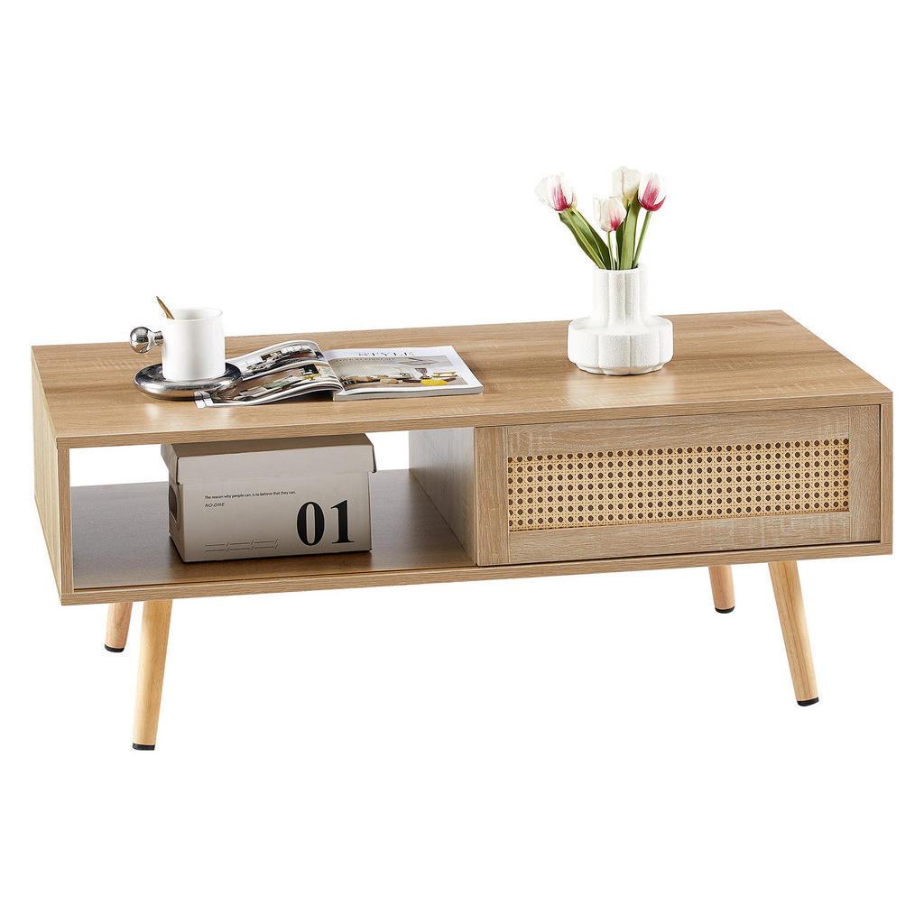 OKWISH KONFERENČNÍ stolek 105/55/40 cm přírodní z MDF s ratanovými posuvnými dvířky