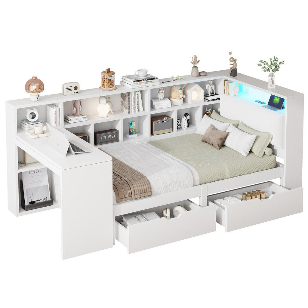 OKWISH POSTEL 90/200 cm bílá z MDF a překližky s psacím stolem a LED osvětlením