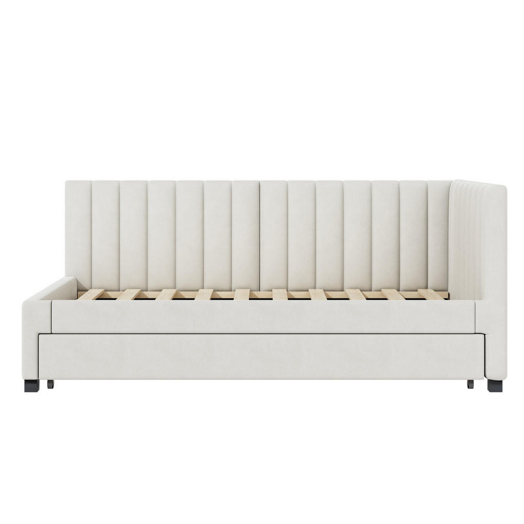 OKWISH ČALOUNĚNÁ postel 90/200 cm béžová z sametu s výsuvným lůžkem