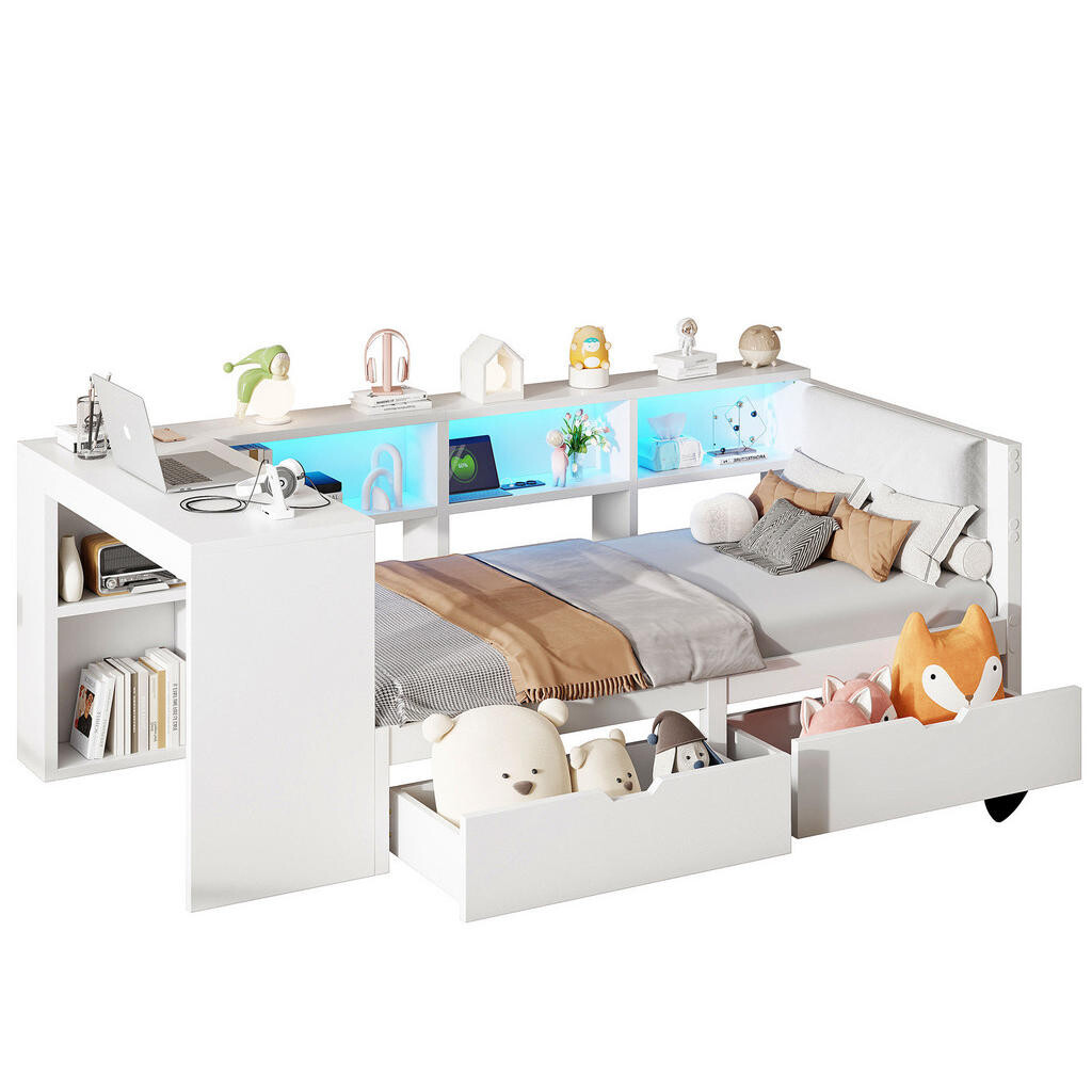 OKWISH POSTEL 90/200 cm bílá z MDF a překližky s čalouněným čelem LED a zásuvkami