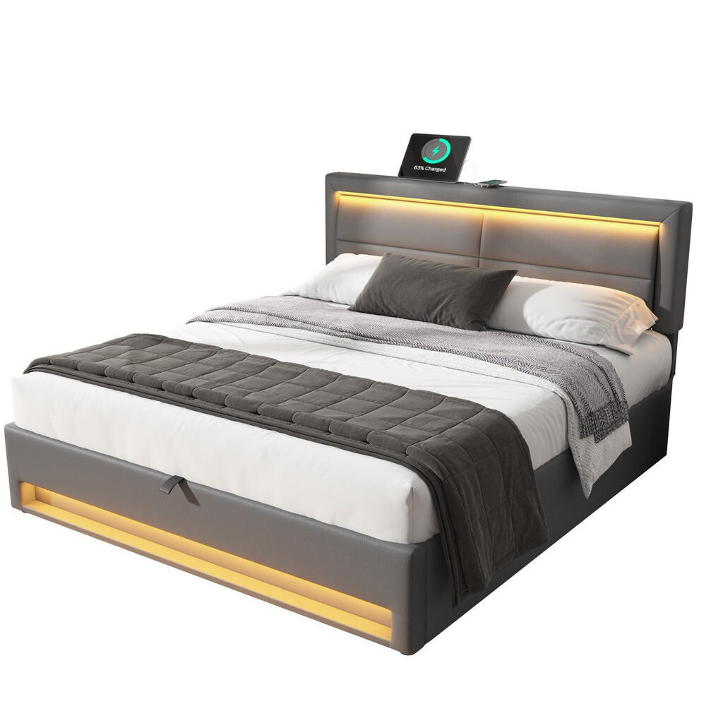 Redom ČALOUNĚNÁ postel 140/200 cm s USB nabíjením, LED osvětlením a úložným prostorem, PU, Šedá