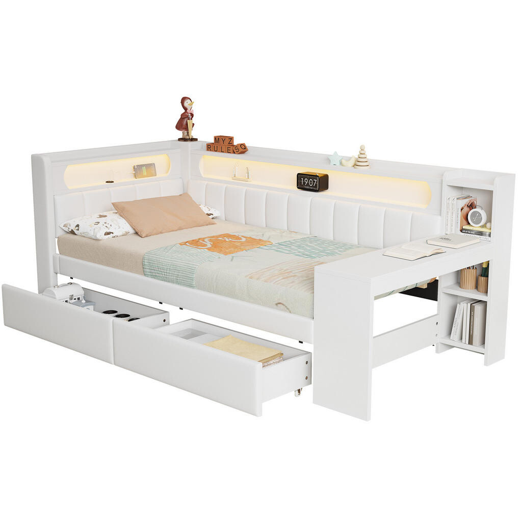 Redom POSTEL 90/200 cm s LED osvětlením, USB portem, psacím stolem a 2 zásuvkami, Bílá