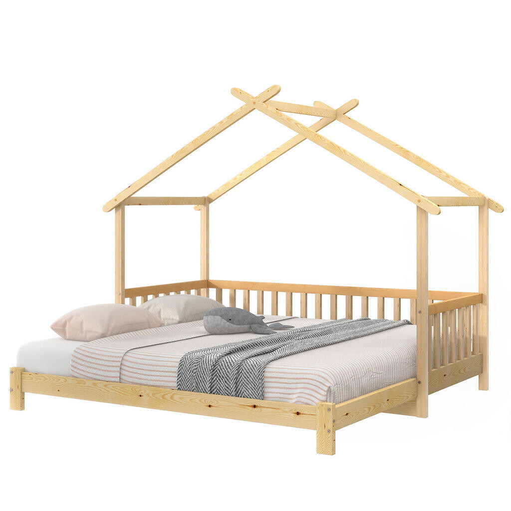 OKWISH ROZKLÁDACÍ postel domek 200/90-200/180 cm přírodní z masivu s třístranným zábradlím