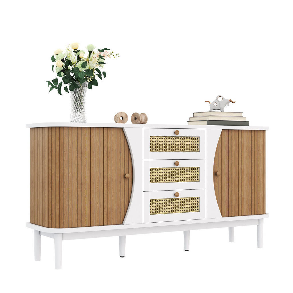 OKWISH KOMODA 140,5/40/76 cm bílá z MDF a dřevotřísky s ratanovými zásuvkami a nastavitelnými policemi