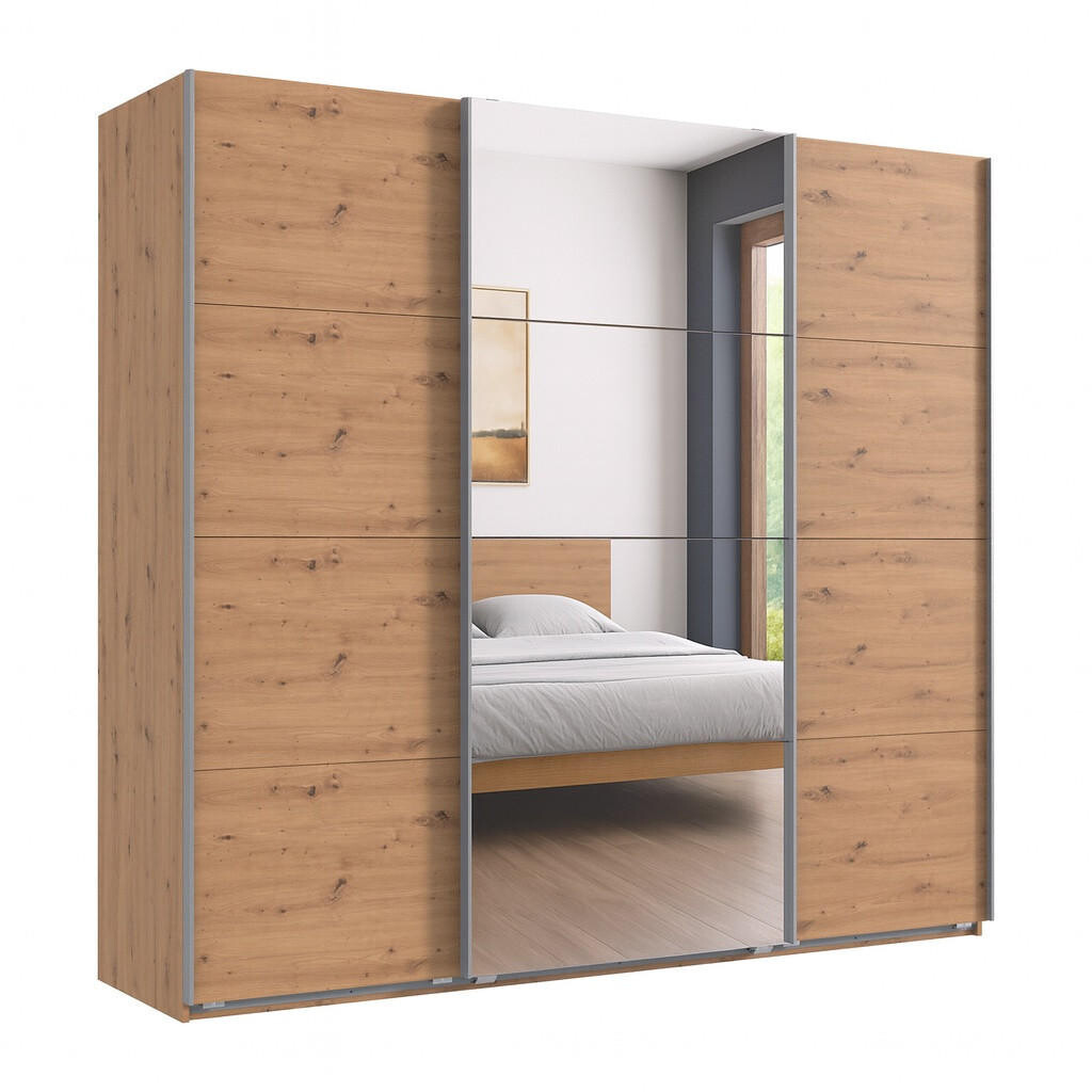 luma-home SKŘÍŇ S POSUVNÝMI DVEŘMI, 3dveřová, šířka 225 cm, výška 208 cm, hloubka 64 cm, dekor dub Artisan, s jedním zrcadlovým křídlem / 22520