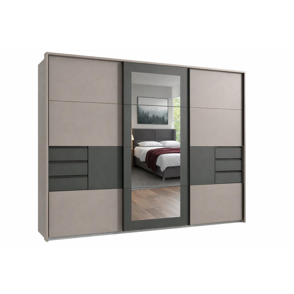 luma-home SKŘÍŇ S POSUVNÝMI DVEŘMI, 3dveřová, 273 × 213 × 64 cm (Š×V×H), pískově šedá s grafitovými akcenty, pasparta/zrcadlo/zásuvky / 22508