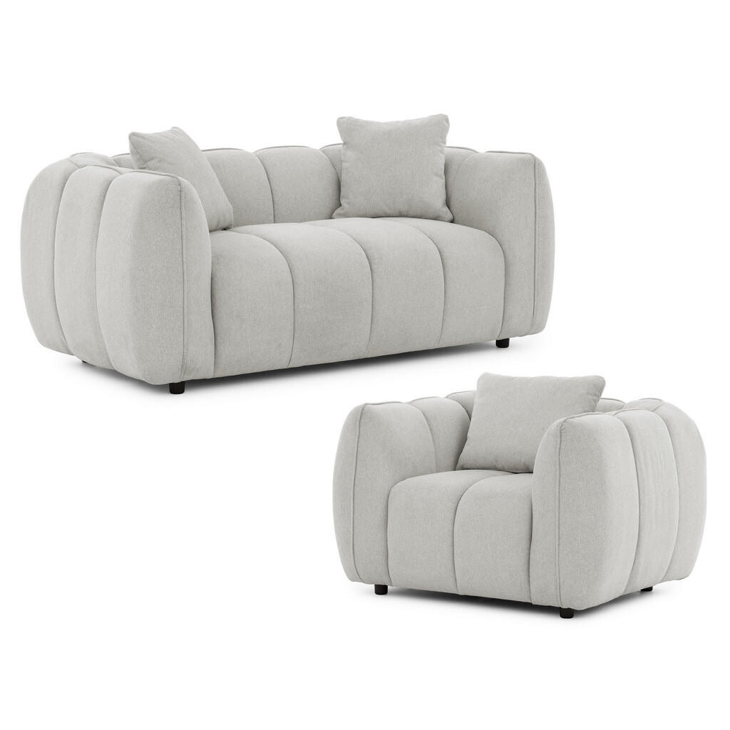 S-Style SEDACÍ SOUPRAVA 2+1 Nubira v hluboce prošívaném designu Bubble z měkké strukturované látky ve světle šedé barvě s moderním vzhledem
