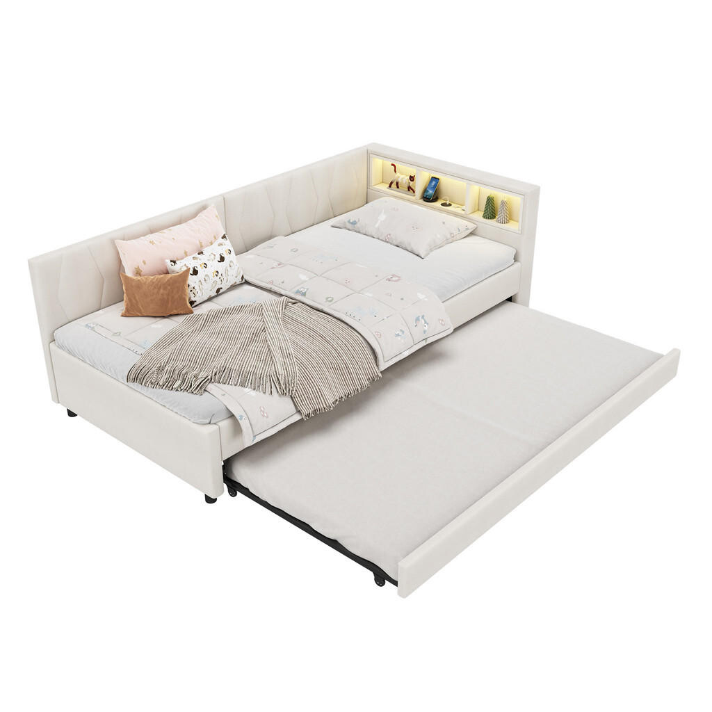 FLIEKS DENNÍ POSTEL 90x200cm Len USB-C LED Rozkládací Béžová