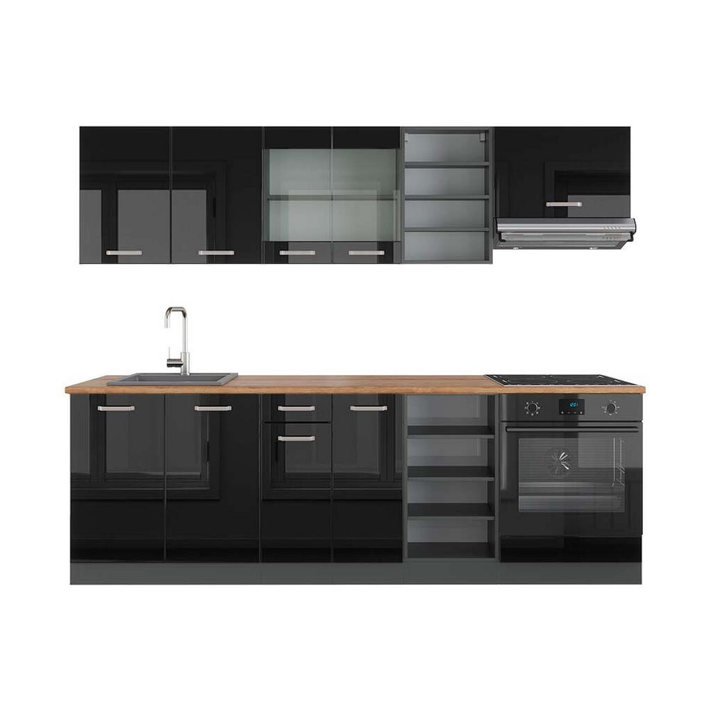 Vicco KUCHYŇSKÝ KOUT R-Line Vysoce lesklá černá/antracitová 240 cm , PD Dub