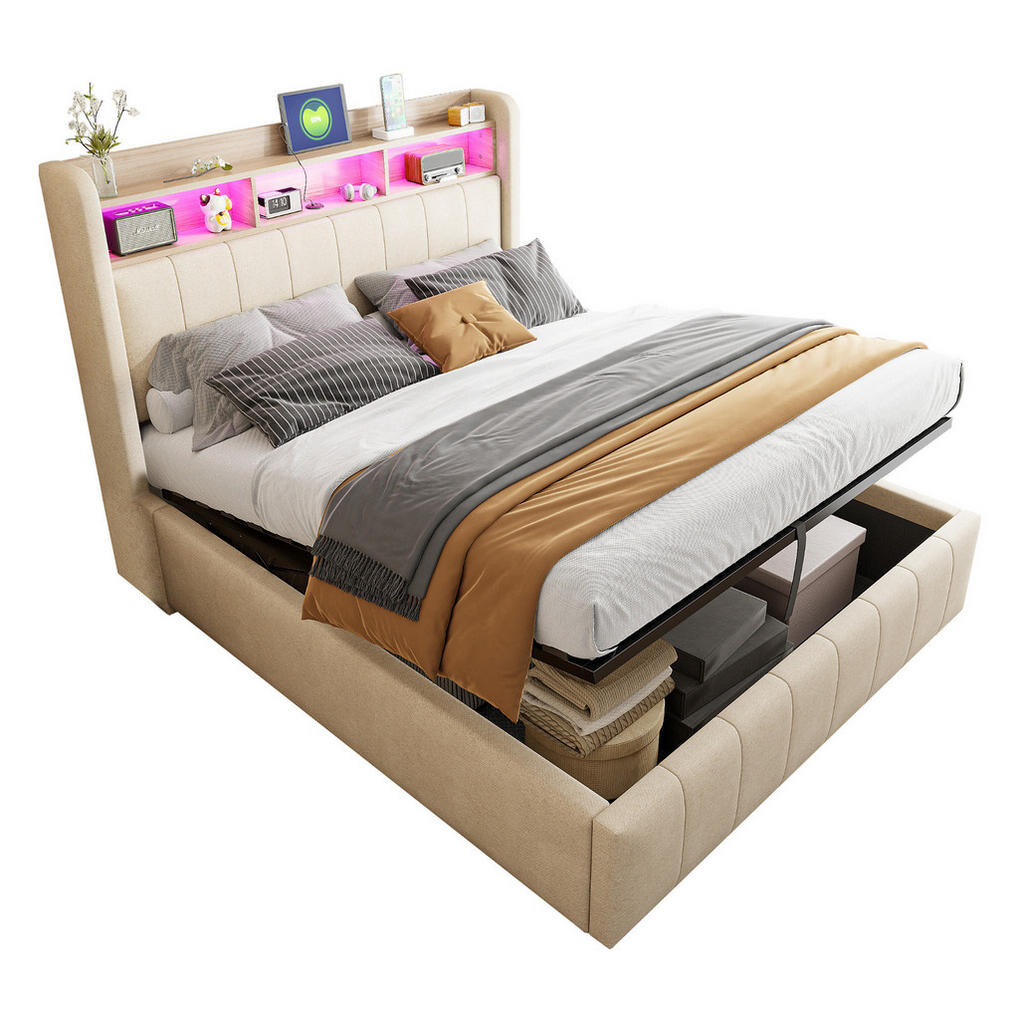 OKWISH ČALOUNĚNÁ postel 140/200 cm béžová z lněné tkaniny s LED, USB-C a úložným prostorem