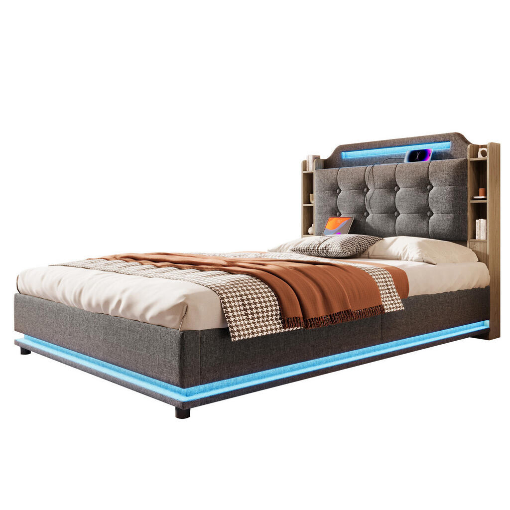 Redom ČALOUNĚNÁ postel 140/200 cm s LED osvětlením, hydraulickým úložným prostorem, USB a Type-C, Šedá