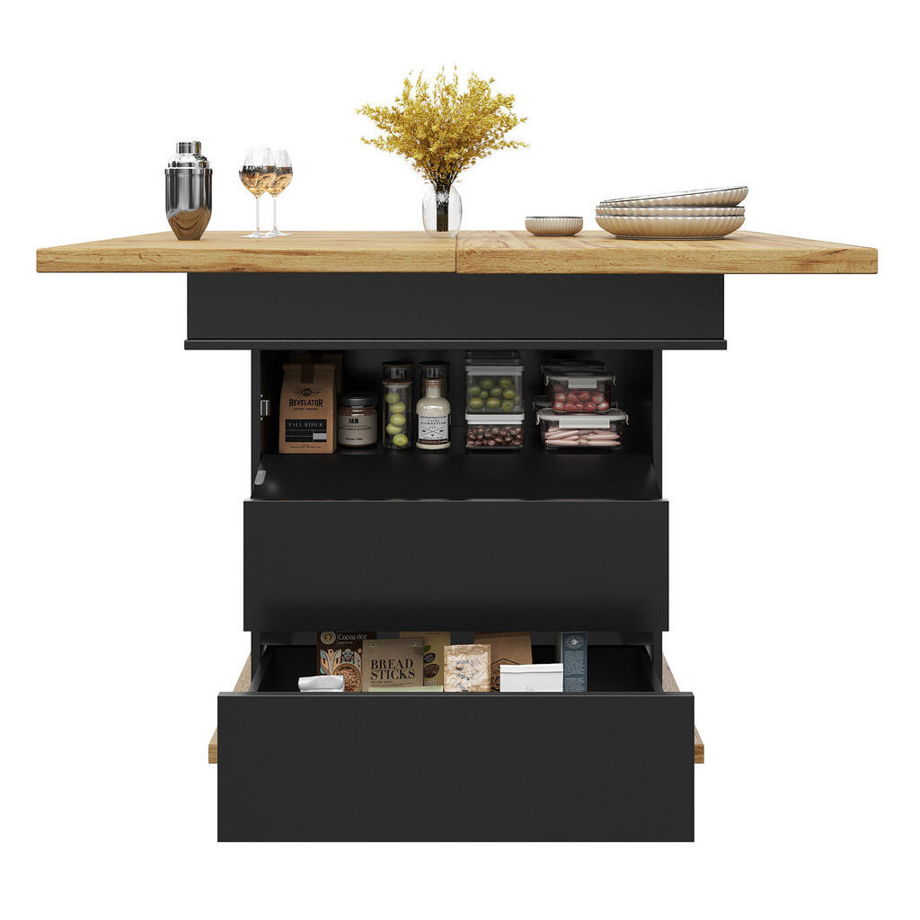 Redom ROZKLÁDACÍ jídelní stůl 110-140/80/75 cm z MDF s oboustranným výsuvem, úložným prostorem a tichým dovíráním, Černá, Přírodní