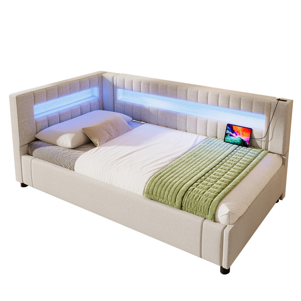 WISHDOR ROZKLÁDACÍ POHOVKA 90/200 cm v béžové lněné látce s úložným prostorem, LED osvětlením, USB a Type-C