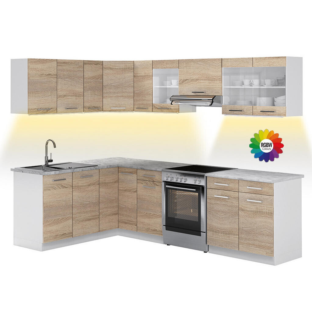Vicco ROHOVÁ KUCHYŇSKÁ LINKA R-Line, Sonoma/Bílá, 267 x 167 cm s pracovní deskou s páskem LED