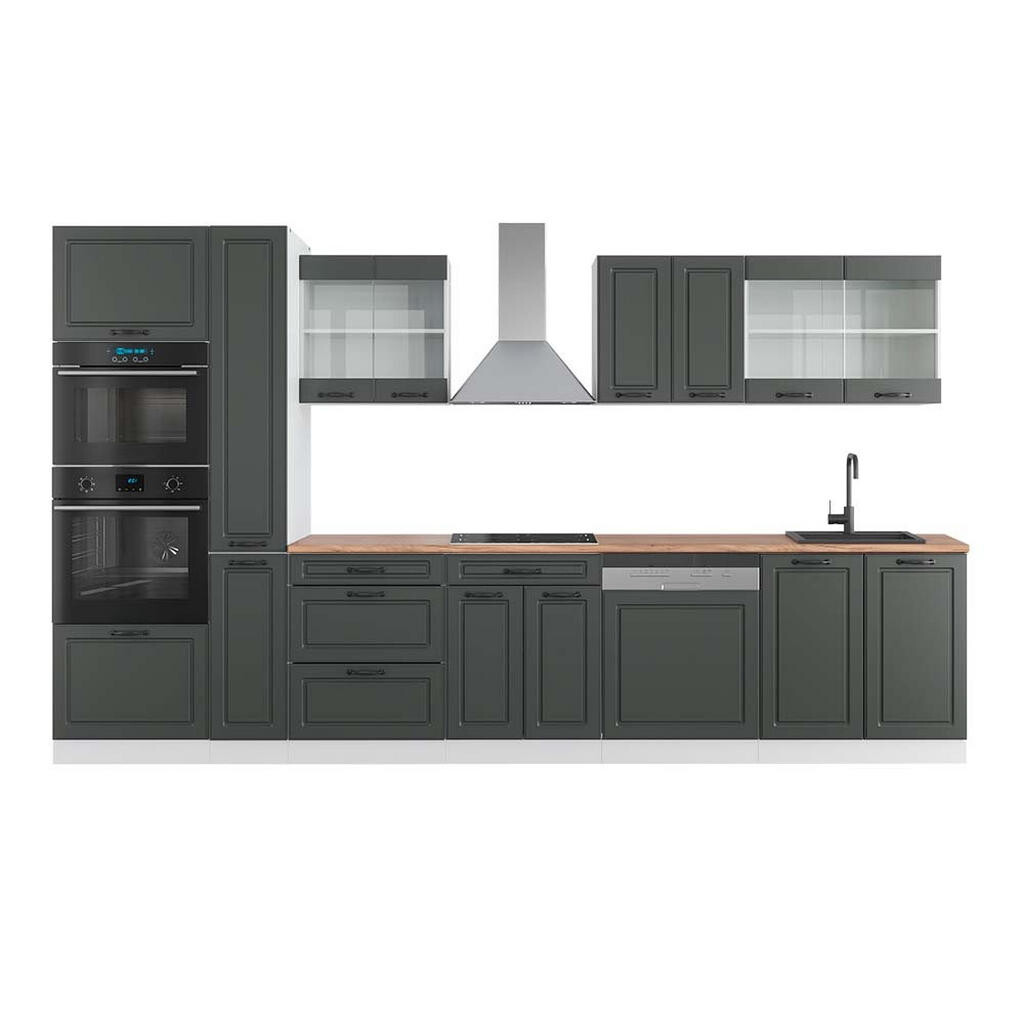 Vicco KUCHYŇSKÁ LINKA R-Line Antracitový venkovský dům/bílá 350 cm s vysokou skříní, PD Dub