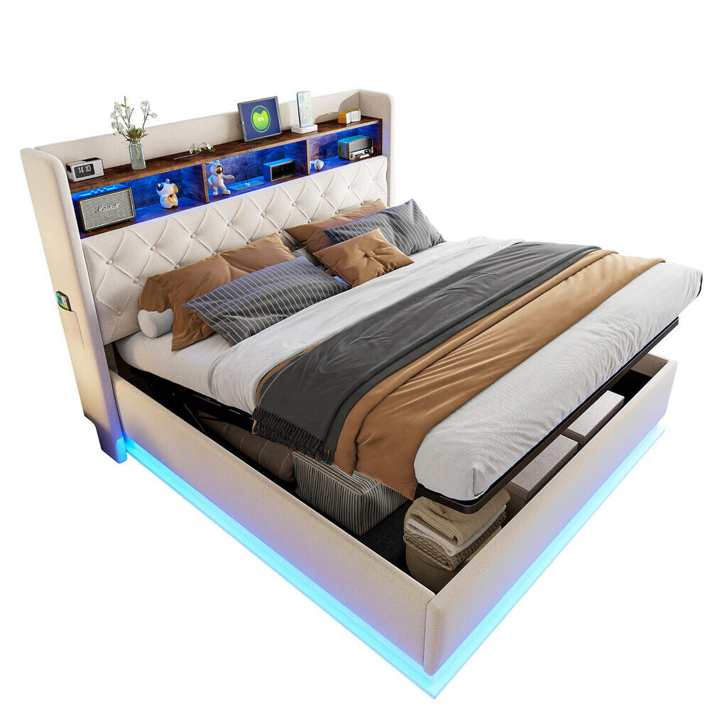 OKWISH ČALOUNĚNÁ postel 180/200 cm béžová z látky s LED osvětlením USB a úložným prostorem