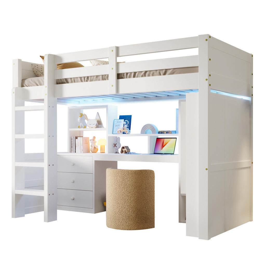 OKWISH PATROVÁ postel 90/200 cm bílá s LED osvětlením, psacím stolem, šatní skříní a úložným prostorem