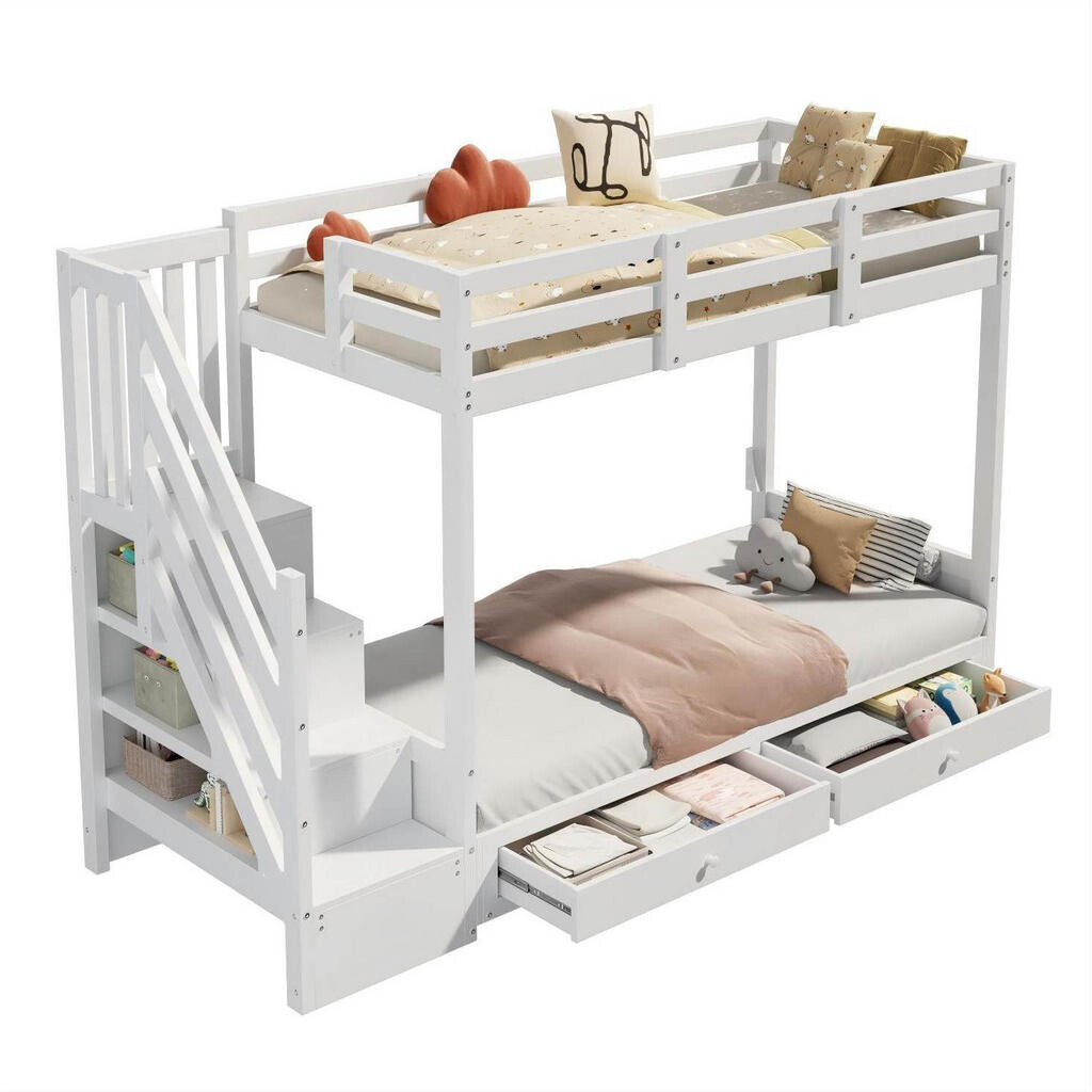 OKWISH PATROVÁ postel 90/200 cm bílá z masivu a MDF se schodišťovou skříní a zásuvkami