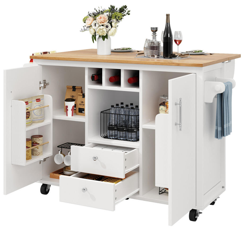 OKWISH KUCHYŇSKÝ ostrůvek 137,9/73/92,2 cm bílý z MDF a kovu s klopným stolem a úložným prostorem