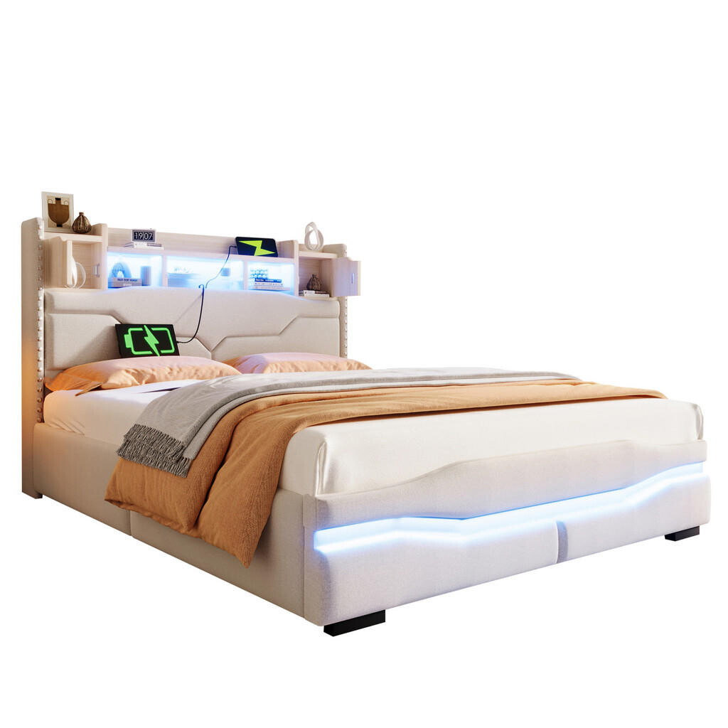 OKWISH ČALOUNĚNÁ postel 140/200 cm béžová z lnu s hydraulickým úložným prostorem a LED