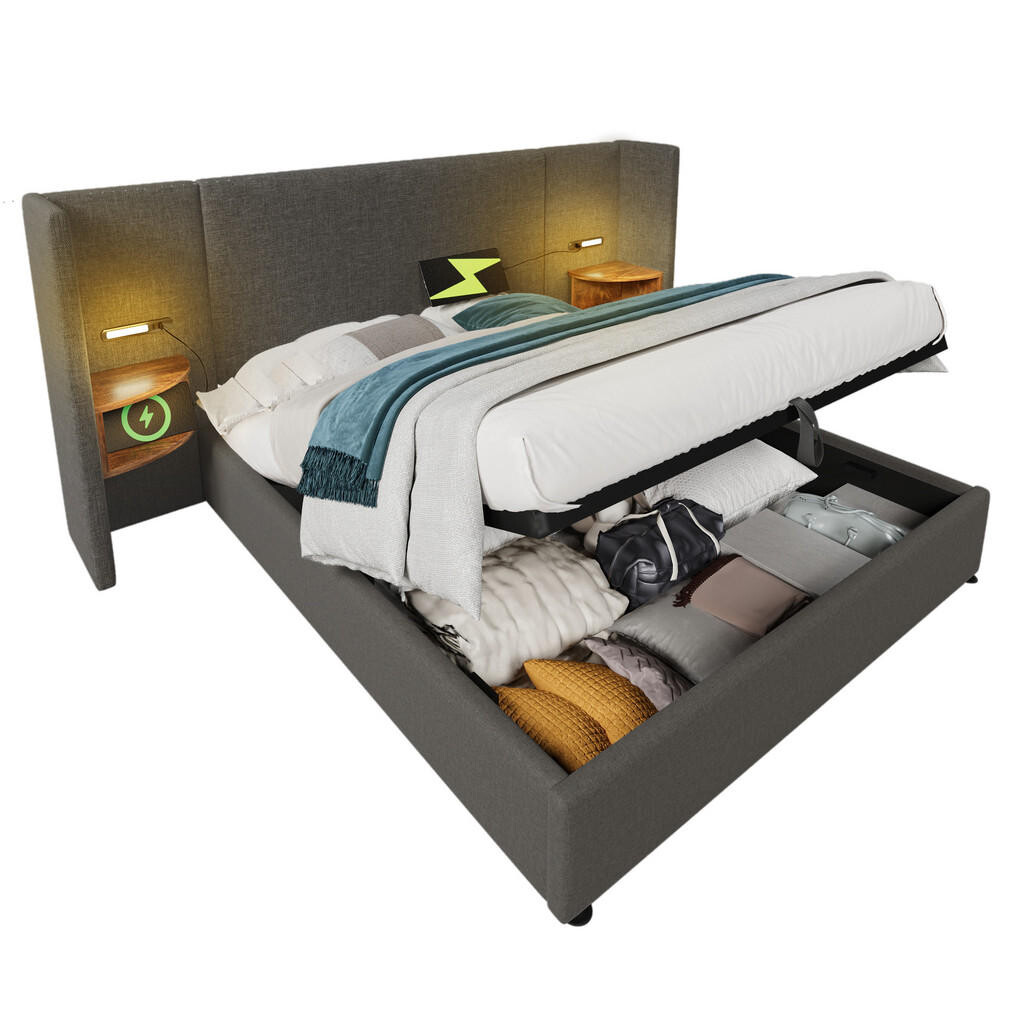 WISHDOR ČALOUNĚNÁ postel 160×200 cm v šedém lněném materiálu s úložným prostorem, lampičkou na čtení a USB