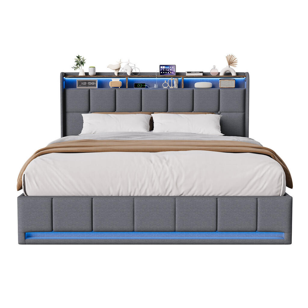 SHOPENTRA ČALOUNĚNÁ postel 140x190cm šedá látka, plynový box, LED čelo, USB