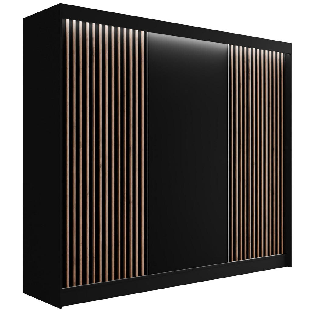ALTDECOR ŠATNÍ SKŘÍŇ s LED, lamelové posuvné dveře VILANv2 – 250 cm černá + lamely dub wotan