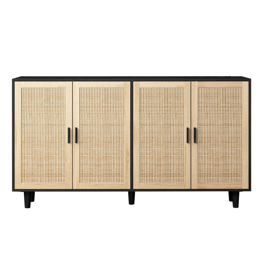 Urban Meuble SIDEBOARD dřevotříska v černé s ratanovými čely, 4 dvířka