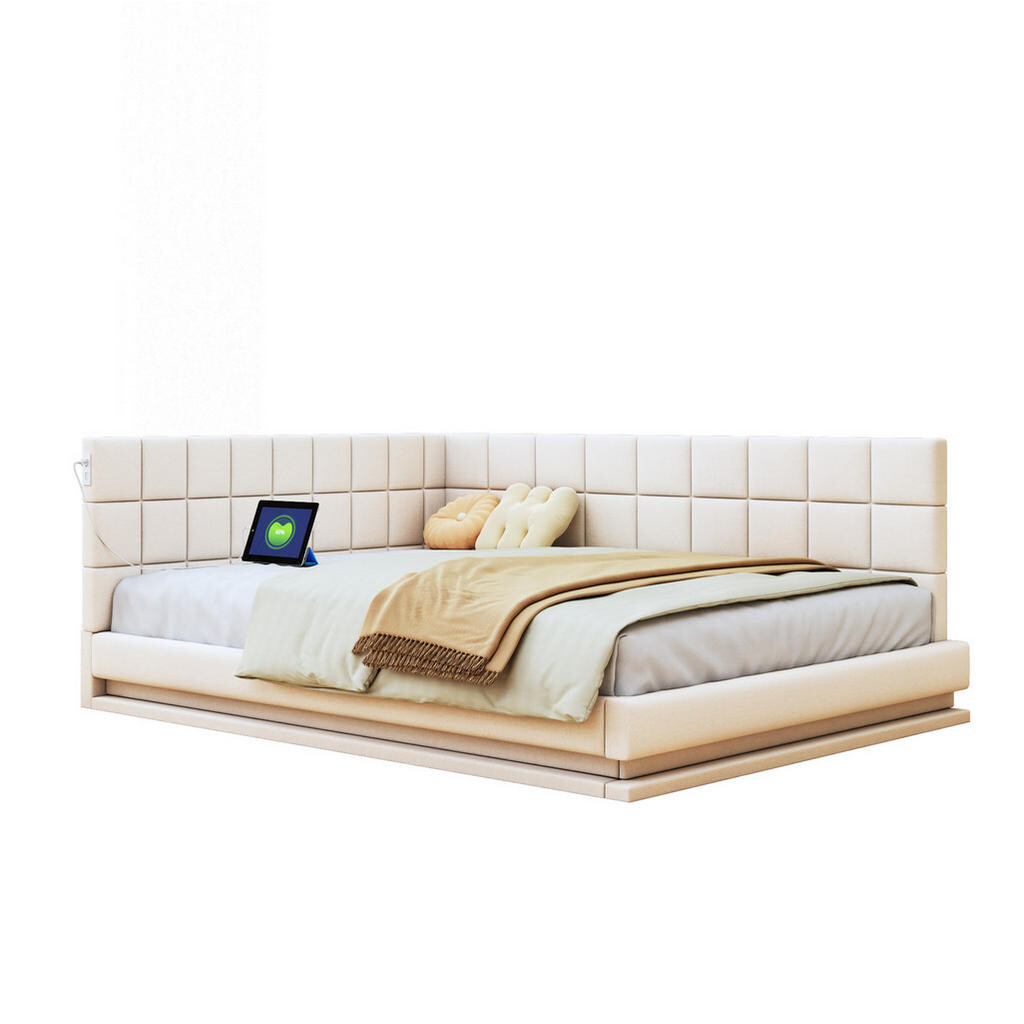 OKWISH ROZKLÁDACÍ postel 160/200 cm béžová z lněné tkaniny s LED osvětlením a USB