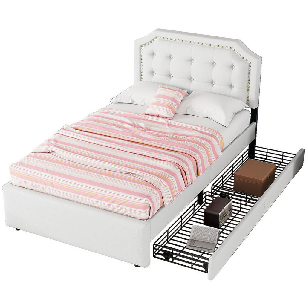OKWISH ČALOUNĚNÁ postel 90/200 cm světle béžová z MDF a lněné tkaniny se 2 zásuvkami
