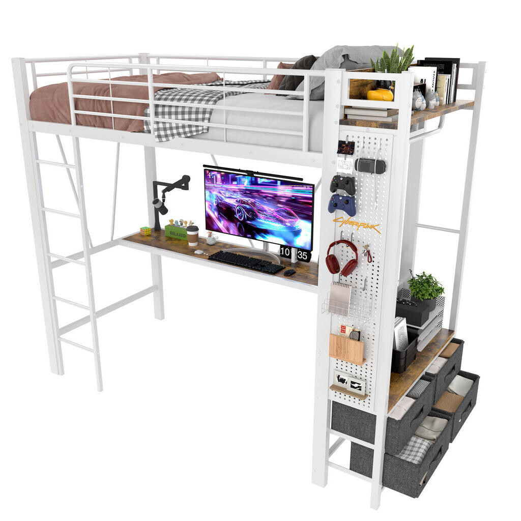 Redom VYSOKÁ postel 90/200 cm s psacím stolem, úložným prostorem, USB a LED osvětlením, Bílá